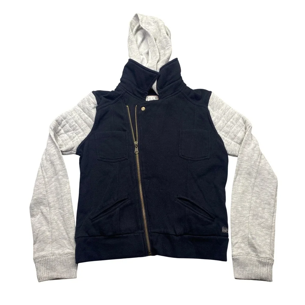 Billabong Two-Toned Hooded Girls Moto Gray Asymmetrical Zip Fleece Jacket Medium